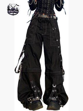Vintage Goth Hip Hop High Waisted Baggy Bootcut Jeans with Strap Chain